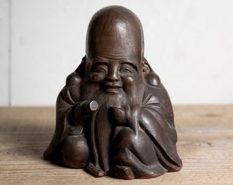 Antique Bizen Ware Jurōjin Statue - Meiji Era, 19th Century Japanese Ceramic Figurine