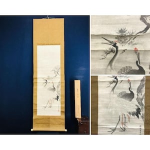 Kushiro Unzen Hangrol met Kraanvogels en Dennenbomen – Nanga-inktschilderij uit de Edo-periode, Japanse nieuwjaarsdecoratie (Kakejiku) met doos