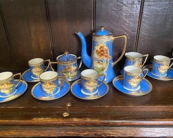 Antique 1910 Old Noritake 15-piece Turquoise Blue Tea Set With
