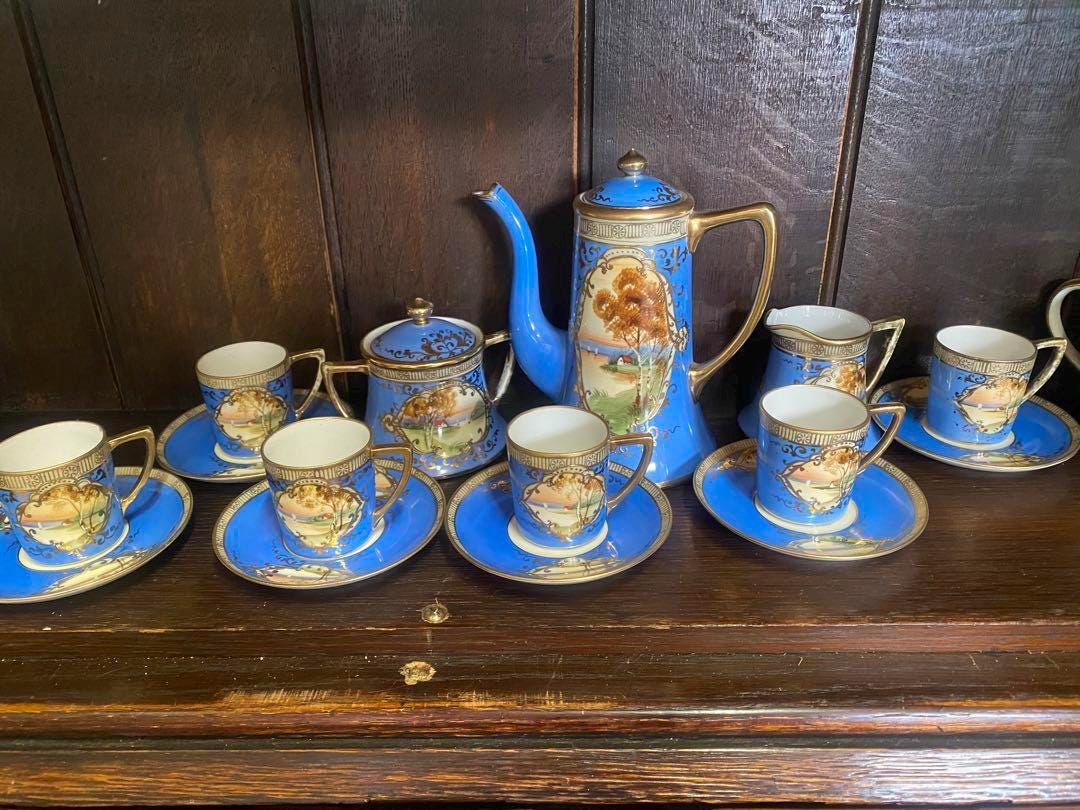 Antique 1910 Old Noritake 15-piece Turquoise Blue Tea Set With