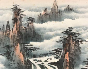 節庄作 中国風景掛け軸 – 滝山風景、伝統的な水墨画、アジア美術掛け軸