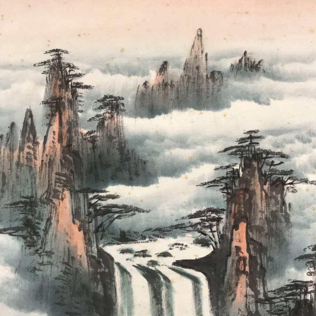 節庄作 中国風景掛け軸 – 滝山風景、伝統的な水墨画、アジア美術掛け軸