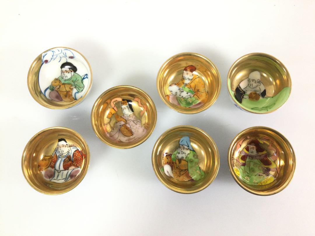 Kutani Ware Sake Cup Set – 7 Lucky Gods Gold Gilt Design by