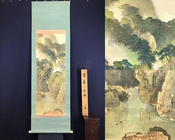 小林正泉作 掛軸 緑山水図 燕子図 絹水墨画 184×60 cm 友箱付き - Etsy 