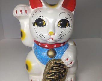 Vintage Maneki Neko Right Paw Raised - Prosperity & Fortune Cat Piggy Bank - Retro Japanese Decor - Feng Shui Lucky Charm