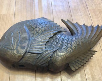 希少なアンティークの囲炉裏自在鉤 - 手彫りの木製囲炉裏鉤、魚の
