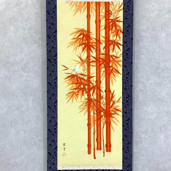 慶堂作の日本の掛け軸 – 朱竹と白雀、繁栄と成功の象徴、風水アート