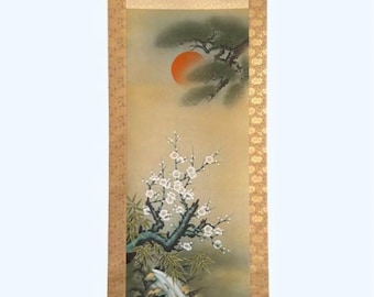 Japanese Hanging Scroll of Shochikubai (Pine, Bamboo & Plum) – Auspicious Symbol, Handpainted Kakejiku with Waterfall and Sunset