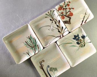 幸兵衛窯作 花模様角皿 5枚セット 加藤卓夫作 金彩上絵花文 箱付き