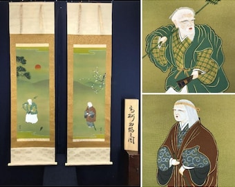 掛け軸 日本の掛け軸一対 – 高砂の老夫婦と松梅の情景、手描き絹掛け軸、祝祭