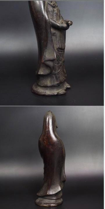 江戸時代の青銅製観音像 - 高さ30cm、穏やかな眼差しと流れるような衣