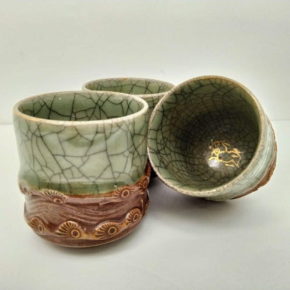 Set of 3 Obori Soma Ware Guinomi by Hansho Soma – Crackle Glaze