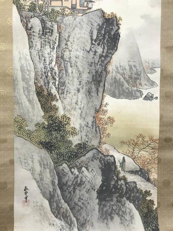 山田慶忠作 春秋風景掛け軸 ― 絹本水墨画2点セット、桐箱入り - Etsy 日本