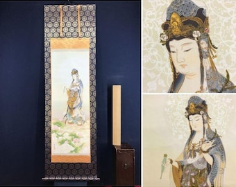 Kannon Bosatsu Hanging Scroll by Shuho Takabatake – Lotus Buddhist Painting, Japanese Kakejiku, Serene Spiritual Wall Art