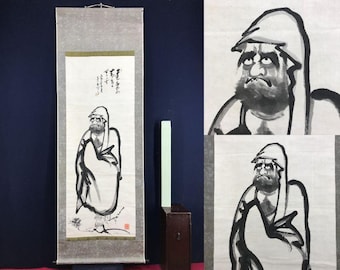 水墨画 掛軸 禅僧 ヴィンテージの日本の掛け軸 – 達磨（菩提達磨）禅画、絹製、壁掛け