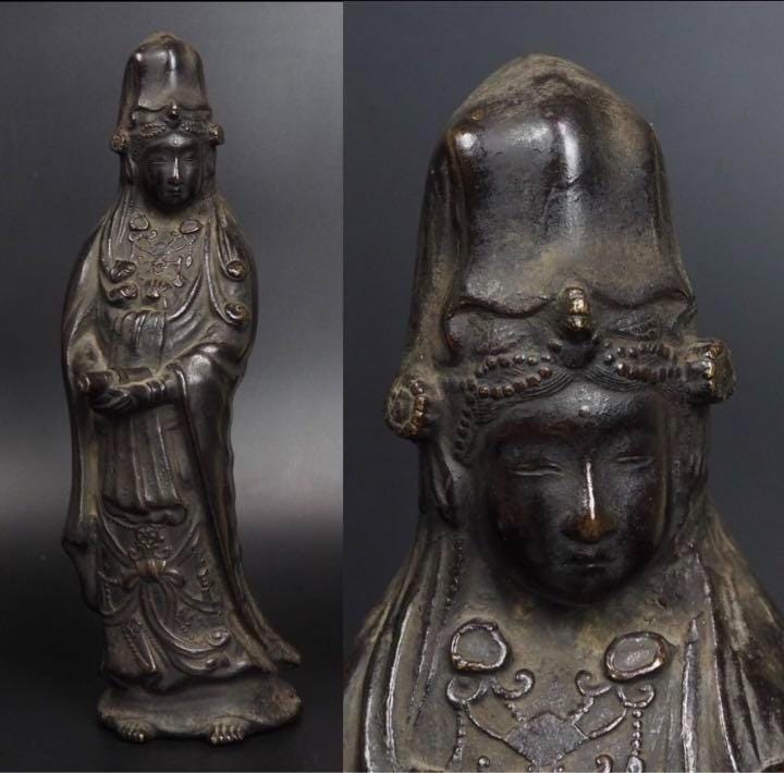 江戸時代の青銅製観音像 - 高さ30cm、穏やかな眼差しと流れるような衣