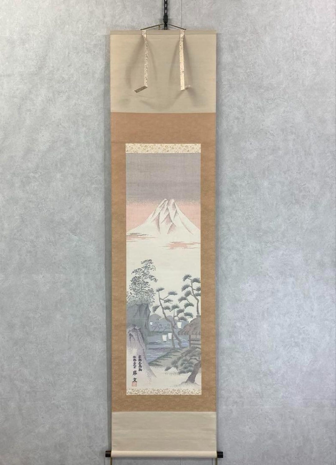 Japanese Hanging Scroll – Mt. Fuji Landscape on Authentic Oshima