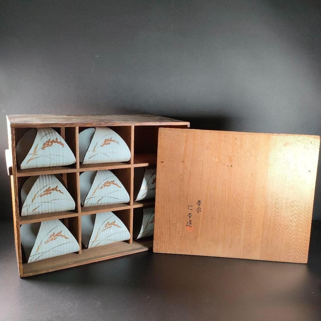 C19-1/平安仁平造/色絵麦穂先附8客/共箱/食器/和食器/向付/懐石 平安仁平作 向付皿 8枚セット 陶器製 麦文様手描き絵付け