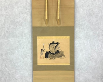 日本の掛軸 - 宝船 開運水墨画、白黒墨絵 船の芸術、132.2×60 cm 箱