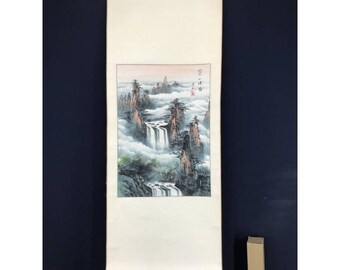節庄作 中国風景掛け軸 – 滝山風景、伝統的な水墨画、アジア美術掛け軸