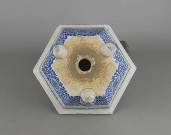 ヴィンテージ瀬戸焼六角形盆栽鉢 – 青と白の釉薬、花柄、幅24.5cm