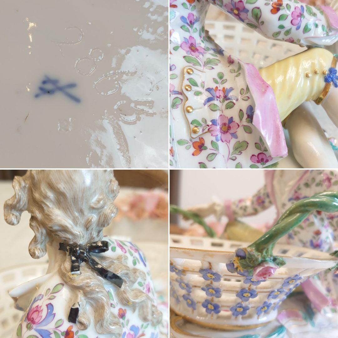 希少なマイセン ポプリボウル ペア – 貴族と貴婦人 – アンティーク