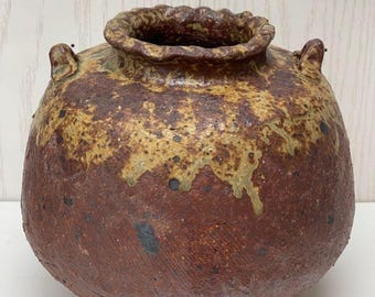 常滑焼 澤田重治作 壺 – 茶と緑の釉薬を施した日本の陶器、侘び寂びの