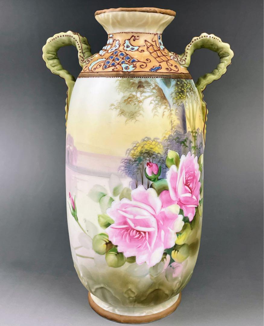 ノリタケ アールヌーボー様式 オールド花瓶 – 高さ24.9cm ピンクのバラ