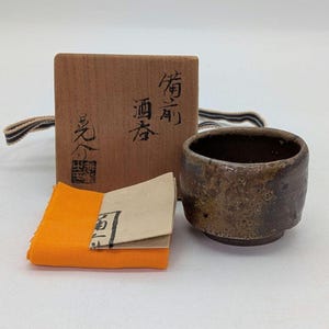 Bizen Ware Guinomi Sake Cup by Kaneshige Kosuke Signed Box Japanese Pottery Ochoko Tea Ceremony Rustic Wabi Sabi Art