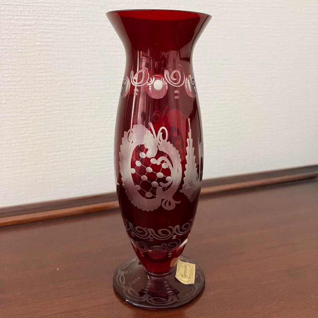 ボヘミアンガラス・金色フリルエッジ花瓶・花柄装飾・フラワーベース