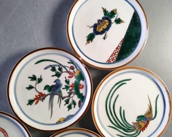 九谷焼　堀江青光 造　色絵金彩花鳥文銘々皿5客　飾皿 九谷焼 堀江精光 金彩 色彩豊かな鳥花模様皿 – 銘入り木箱付き 銘入り