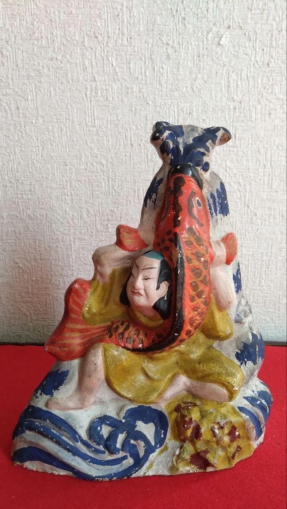 Rare Meiji Era Tsutsumi Clay Doll – Koi Climbing Waterfall Design