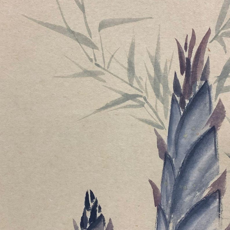 May include: Watercolor painting of bamboo shoots and leaves in shades of blue, purple, and green. The artwork has a minimalist style with soft brushstrokes on a neutral background, evoking a sense of tranquility and nature.