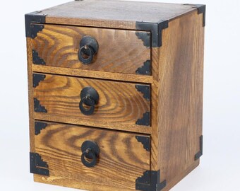 Japanese Wooden 3-Drawer Chest Box | Tansu Style Vintage Storage 