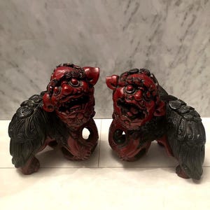 Hand-Carved Guardian Lion Statues, Intricate Wooden Komainu Pair with Moveable Orb, Feng Shui Protective Ornament