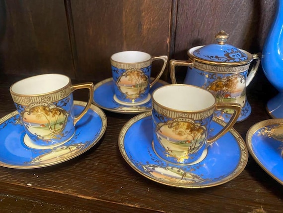 Antique 1910 Old Noritake 15-piece Turquoise Blue Tea Set With