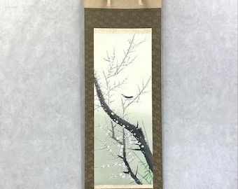 Elegant Japanese Plum Blossom Hanging Scroll – Bird and Flower Painting, Seasonal Beauty with Signed Wooden Box, 185×52.3cm