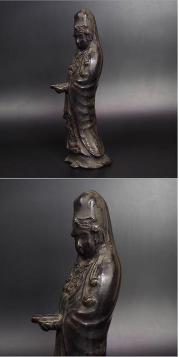 江戸時代の青銅製観音像 - 高さ30cm、穏やかな眼差しと流れるような衣