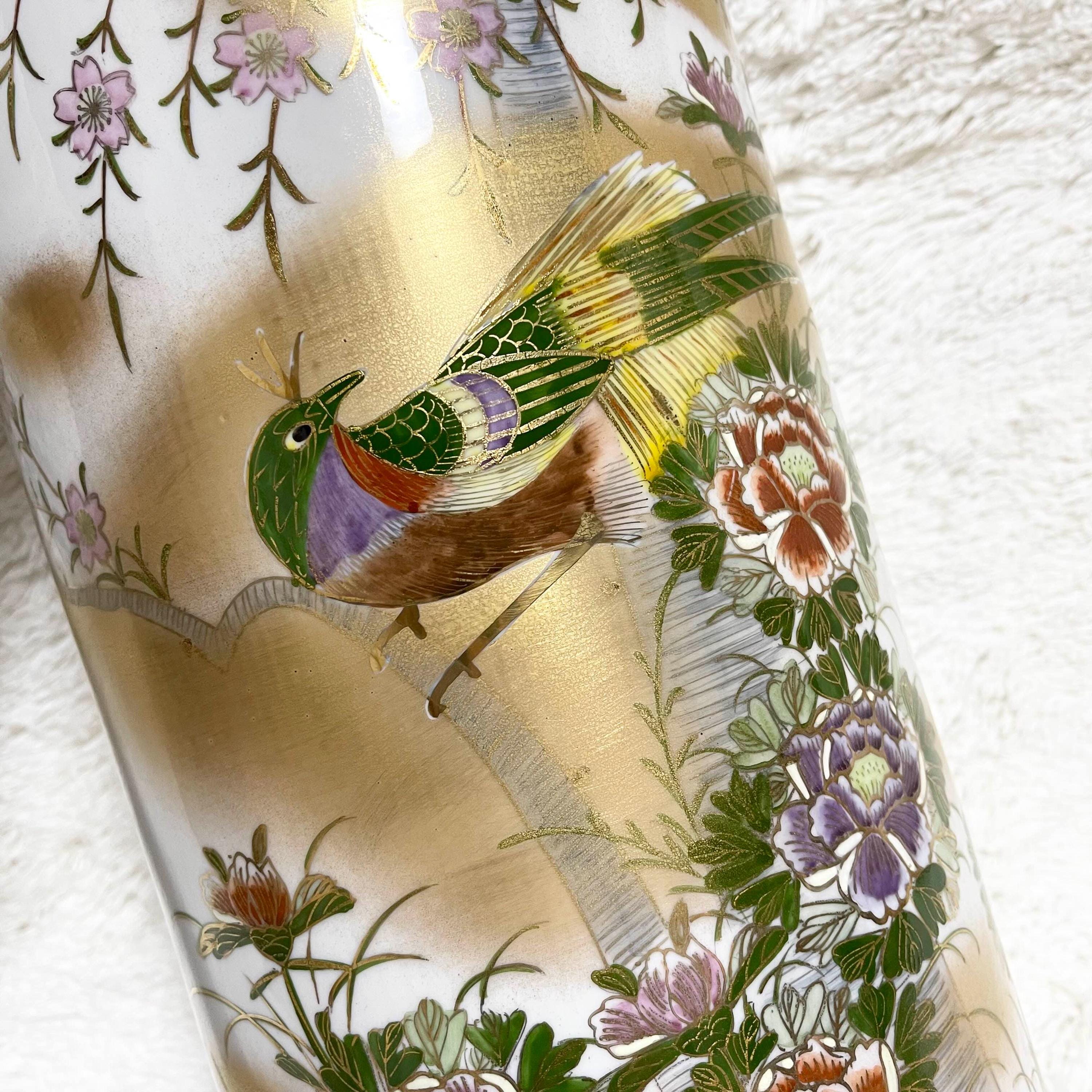 高級九谷焼傘立て、職人による手作り、鮮やかなゴールドとグリーンの