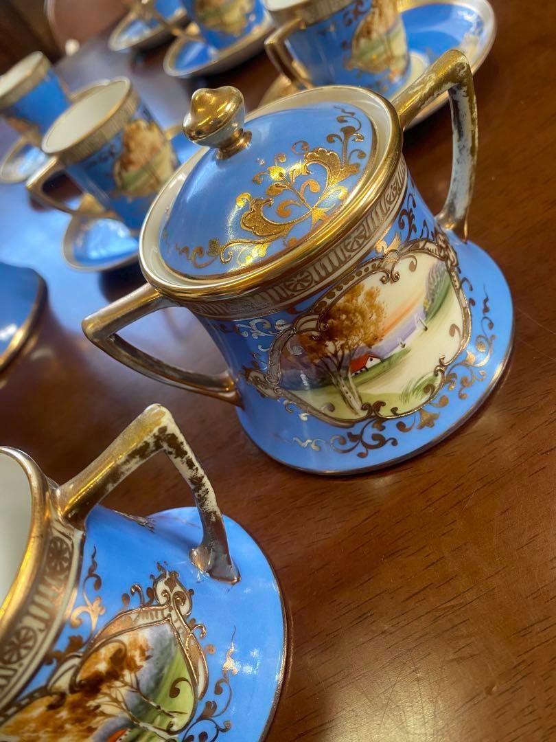 Antique 1910 Old Noritake 15-piece Turquoise Blue Tea Set With