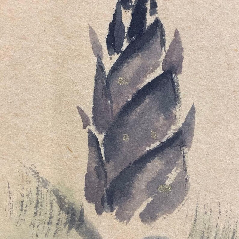 May include: Watercolor painting of a bamboo shoot in shades of gray and purple, with subtle gold flecks. The artwork is on a beige background, with a hint of foliage at the bottom left. The style is reminiscent of traditional Asian art.