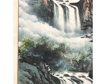 節庄作 中国風景掛け軸 – 滝山風景、伝統的な水墨画、アジア美術掛け軸