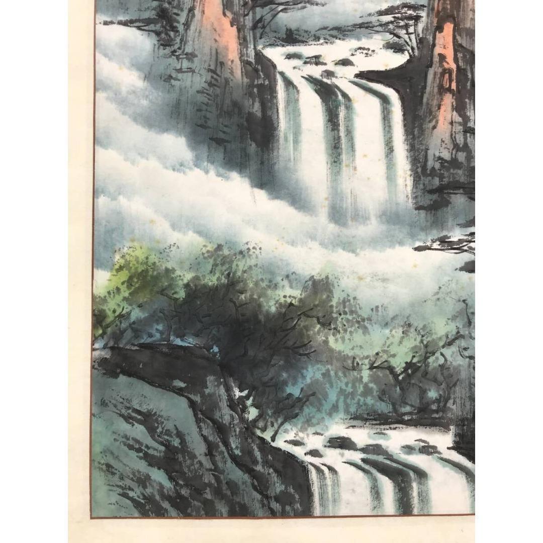 節庄作 中国風景掛け軸 – 滝山風景、伝統的な水墨画、アジア美術掛け軸