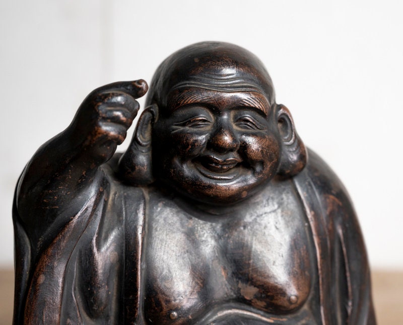 Antique Bizen Ware Hotei Statue - Meiji Period 19th Century