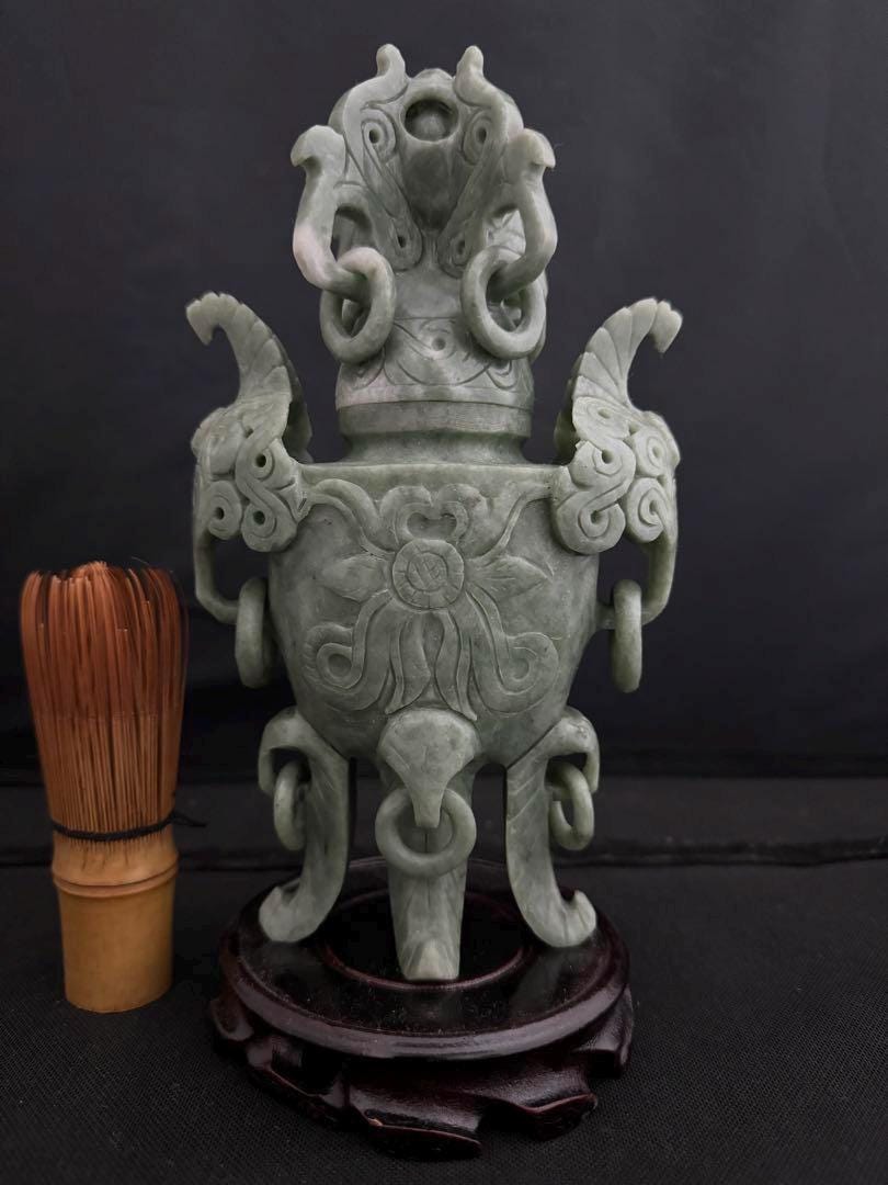 Vintage Jade Incense Burner with Wood Stand, 23cm Tall, Feng Shui Good Fortune Decor, Antique Carved Stone Burner for Collection