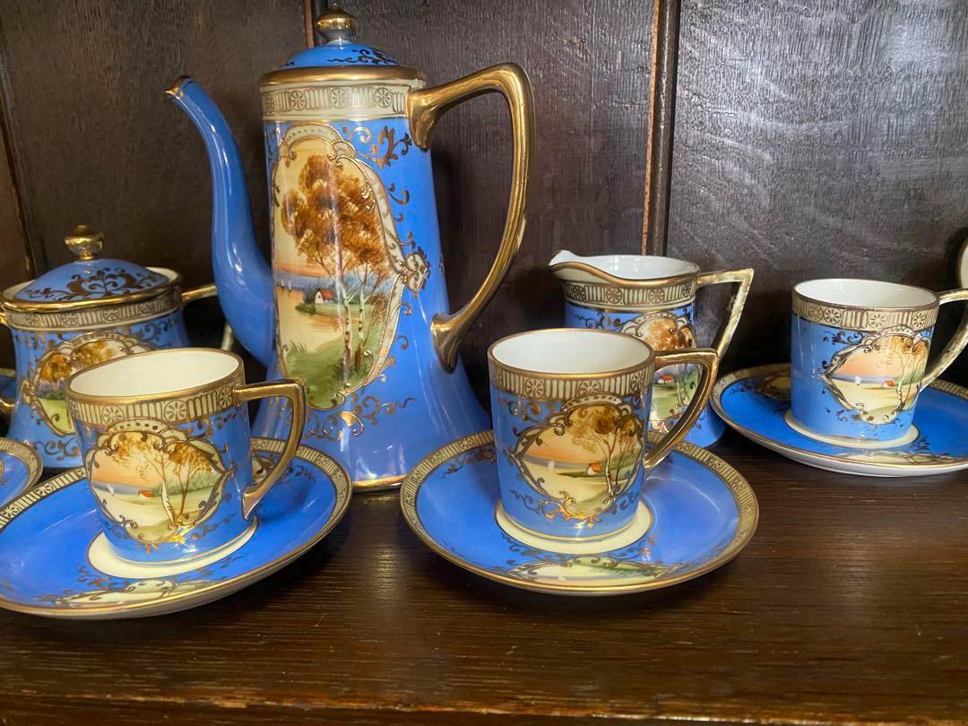 Antique 1910 Old Noritake 15-piece Turquoise Blue Tea Set With