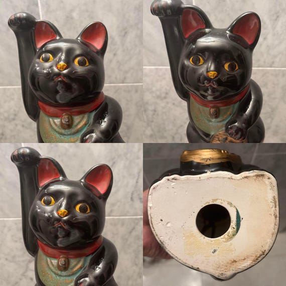 Vintage Black Maneki Neko – Japanese Lucky Cat – Right Paw Raised