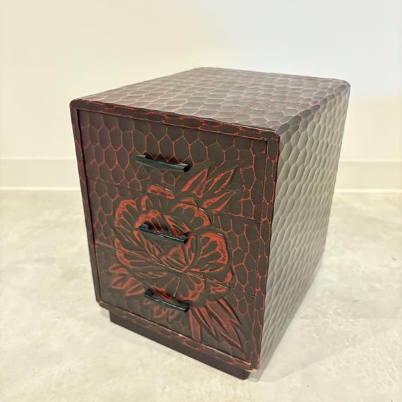 鎌倉彫 彫刻花模様 木製小物入れ 3段 収納ボックス アンティーク調