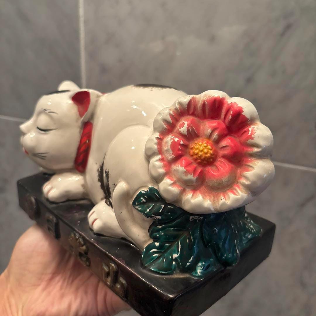 1950s Vintage Japanese Sleeping Cat Figurine - Feng Shui Lucky Cat