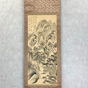 Japanese Landscape Hanging Scroll by Shuchiku – Subtle Ink & Color Sansui Painting with Temple and Mountains, Zen Wall Art